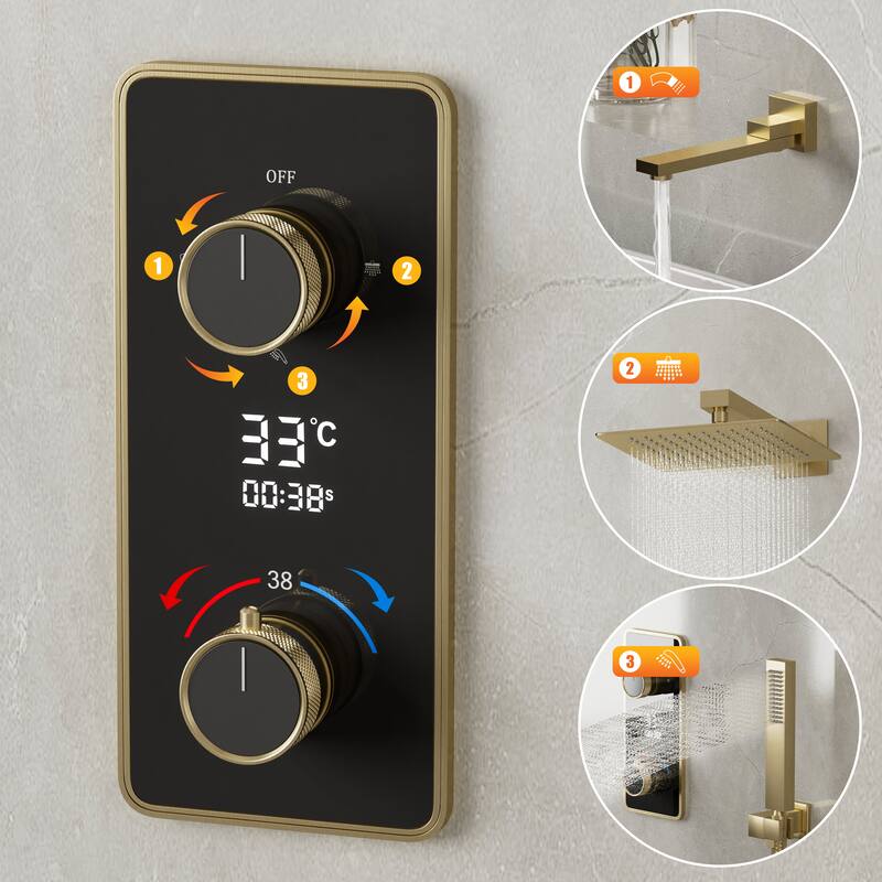 3-Way Thermostatic Complete Rainfall Shower System with Rough in-Valve Rain Shower Heads,Black/Gold