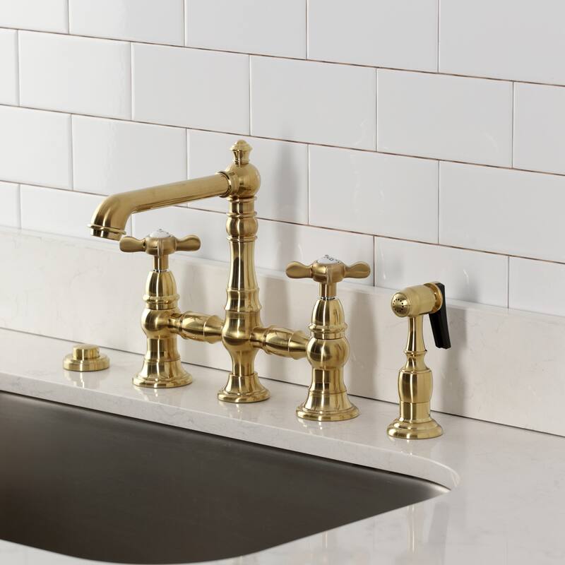 Kingston Brass Essex Two-Handle 4-Hole Deck Mount Bridge Kitchen Faucet with Brass Side Sprayer
