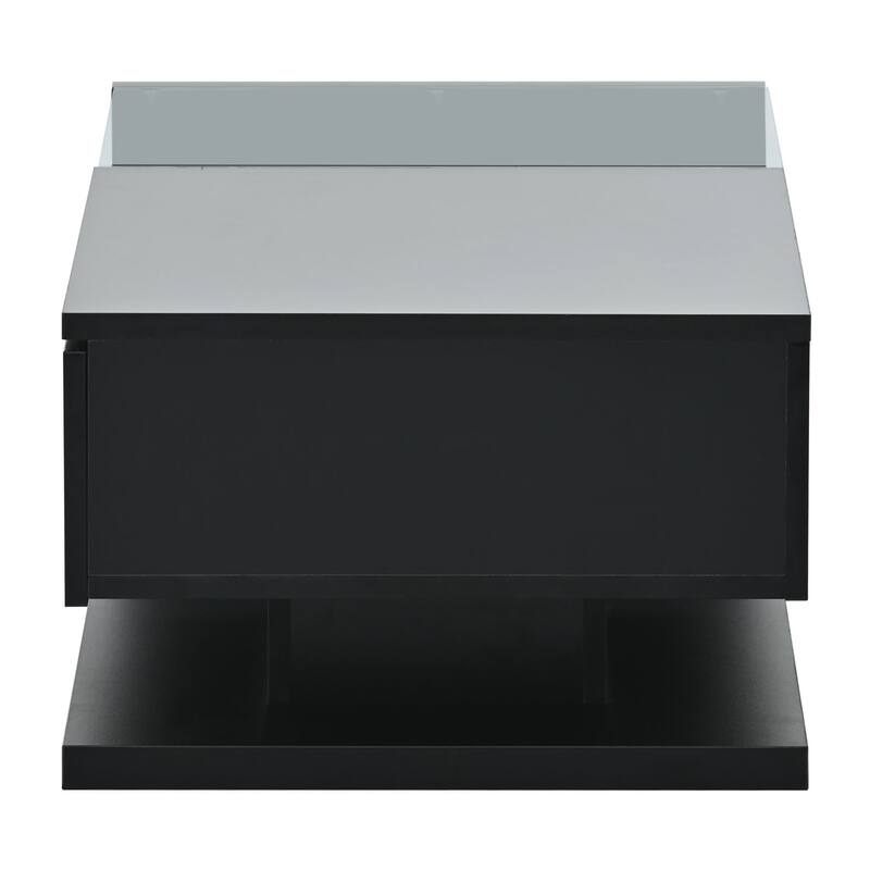 Contemporary Coffee Table with Tempered Glass & Wooden Base, 2-Tier Design, High Gloss UV Surface for Living Room, Black