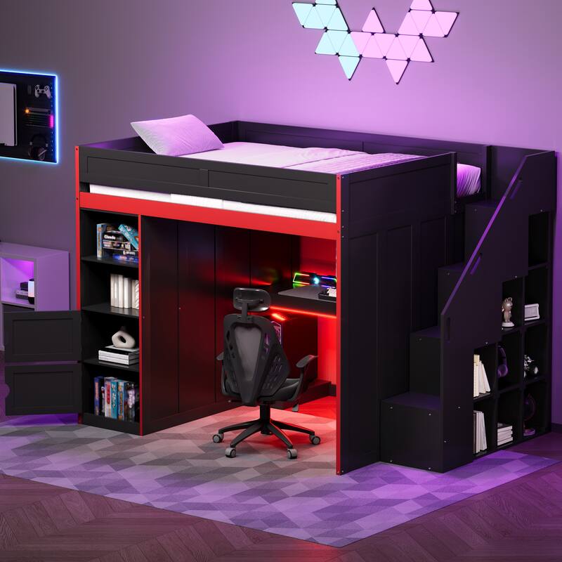 Roomfitters Twin/Full Gaming Loft Bed with Desk, Storage Locker and LED Lights, Black