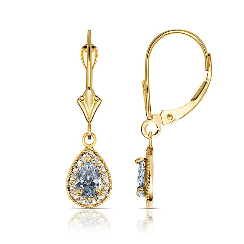 Curata Solid 14k Yellow Gold Birthstone Beaded Pear-shaped Cubic Zirconia Halo Dangle Leverback Earrings (6mm x 24mm)