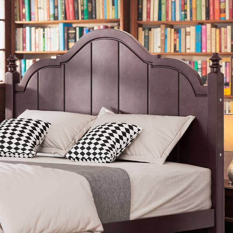 Full/Queen Wooden Platform Bed Frame with Wide Headboard, Slat Support, Vintage Style, No Box Spring Needed