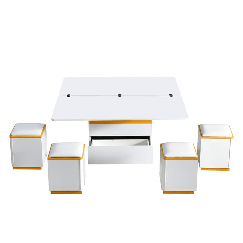 Lift Top Coffee Table with Four Storage Stools Foldable Top and Adjustable Design for Living Room Use
