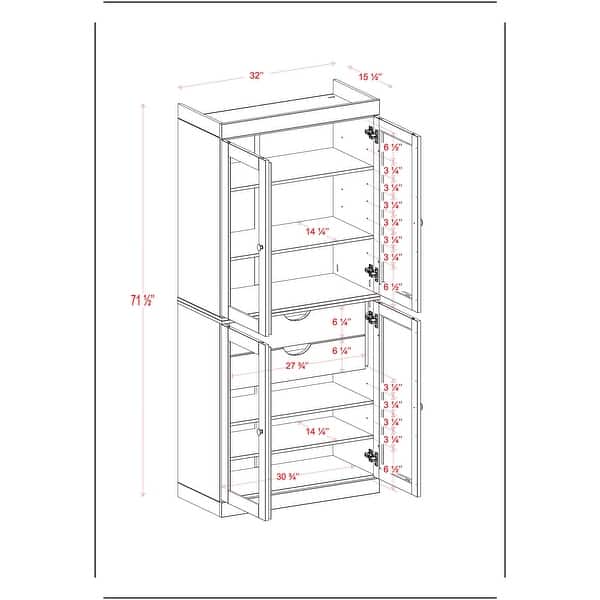 dimension image slide 2 of 3, Palace Imports 100% Solid Wood Pantry Cabinet, 2 Drawers, Adjustable Shelves, 32" Wide, 71.5" Tall - 32" x 71.5"