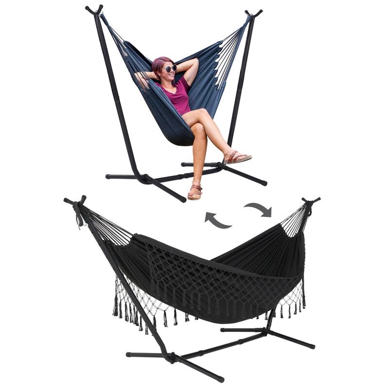 10.7 ft. 2-Person Brazilian-Style hammock with Stand - Convertible - Dark Gray with Tassel