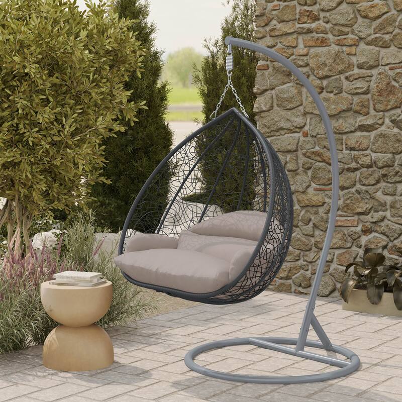 2-Person Egg Swing Chair in Grey Stainless Steel 2-Seater Porch Swing for Outdoor and Indoor - 77.95" Height