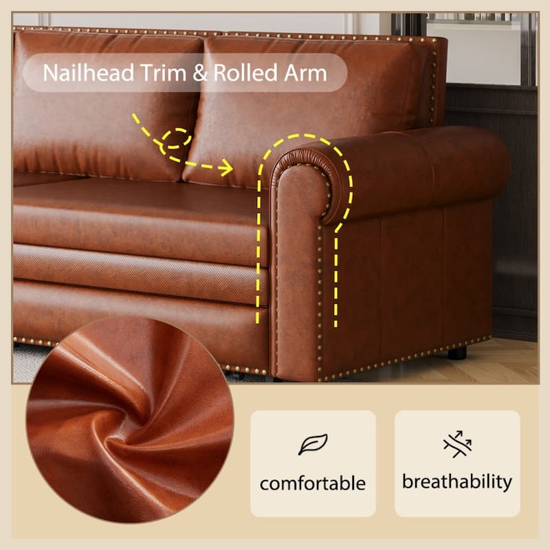 93.7" King Pull Out 3-in-1 Faux Leather Convertible Sleeper Sofa Bed with Nailhead Trim and Rolled Arm