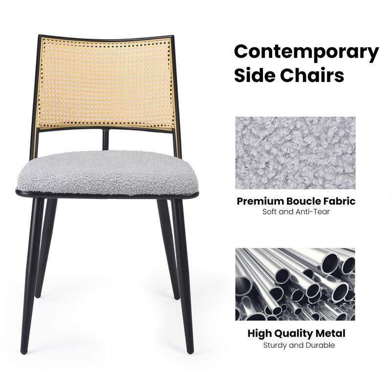 Dining Chairs Set of 2, Mid-Century Modern Kitchen Chairs with Rattan Backrest & Metal Frame, Boucle Upholstered Accent Chairs