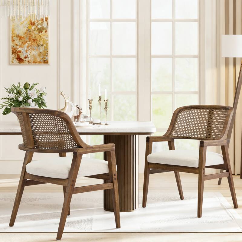 Christopher Knight Home - Mid-Century Modern Upholstered Cane Back Dining Chairs with Rubberwood Frame - Set of 2 - Beige+Walnut