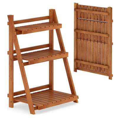 Natural Solid Wood 3-Tier Ladder Plant Stand Foldable Display Rack - 24" x 15" x 34"