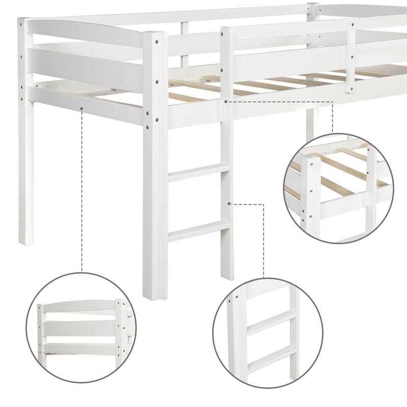 Twin Size Wood Loft Bed with Ladder, Low Loft Bed Frame for Kids and Teens, Space Saving Design