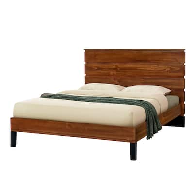 Queen Pine Wood Platform Bed Frame w/Six-Piece Headboard Design