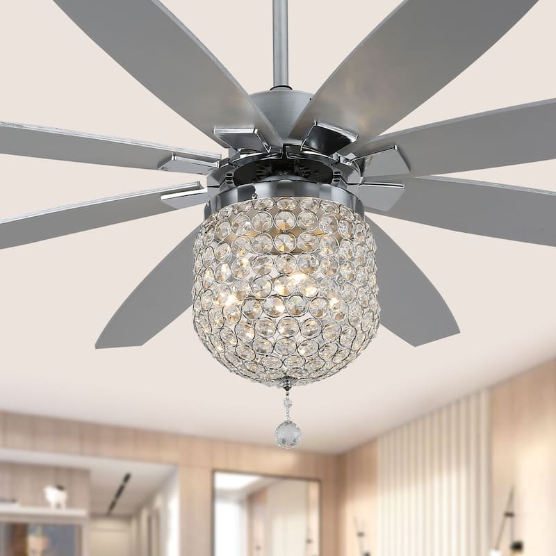Oaks Aura 65 Inch Chrome Crystal Ceiling Fan with Light and Remote DC Motor