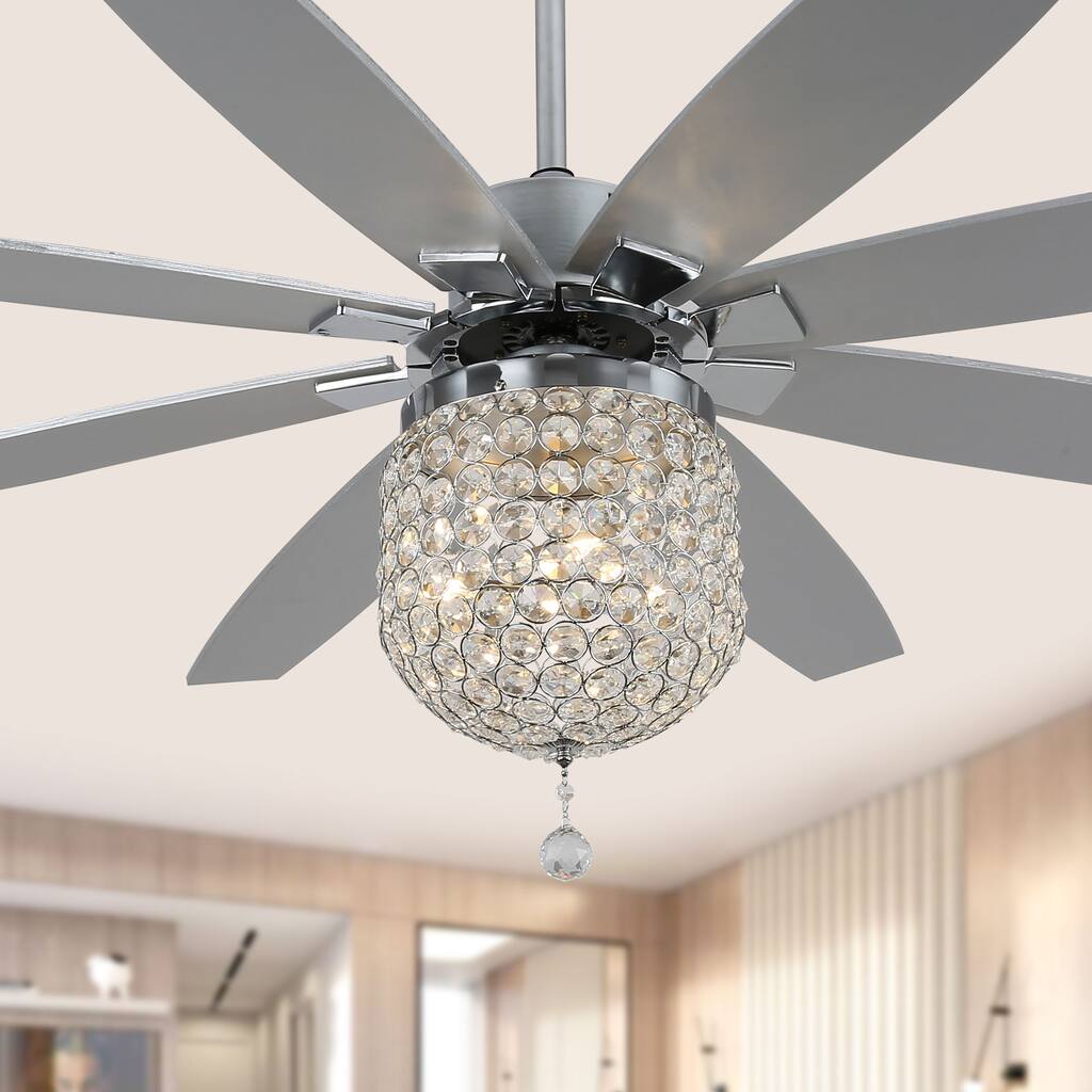Oaks Aura 65 Inch Chrome Crystal Ceiling Fan with Light and Remote DC Motor