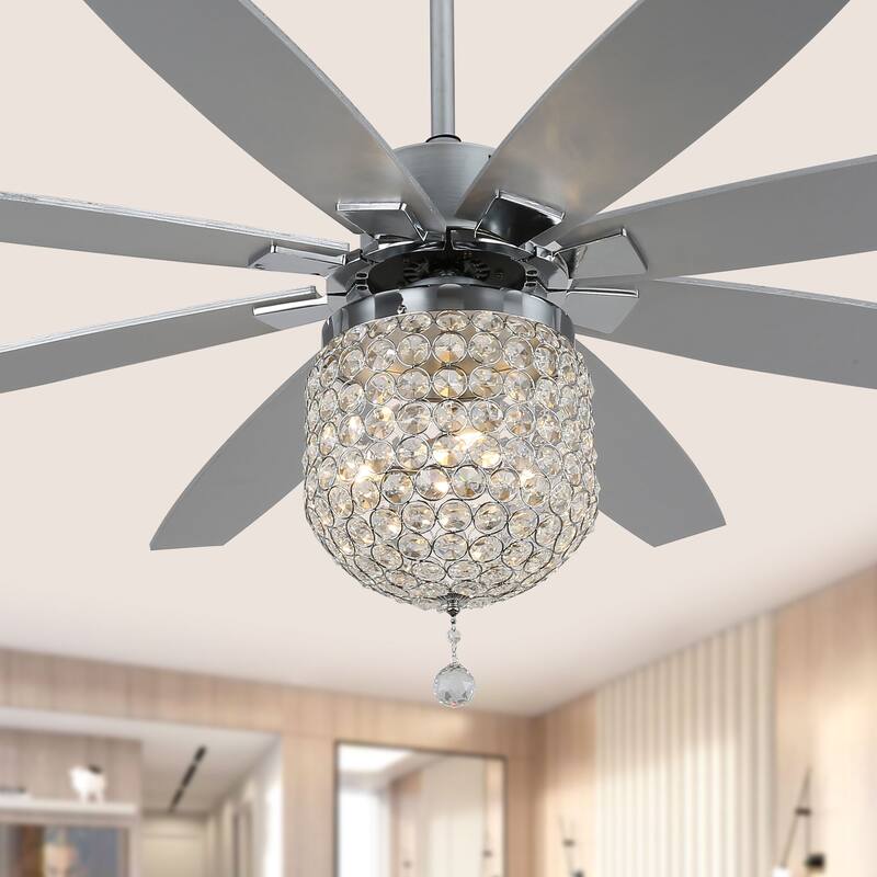 Oaks Aura 65in. Modern Glam Crystal Chandelier Ceiling Fan with Remote and Lights, Silent DC Motor Reversible Ceiling Fan - 65 - Chrome - Remote