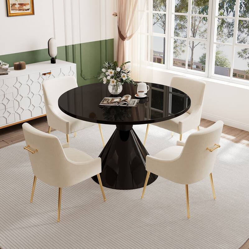 48" Light Luxury Black High Gloss Large Countertop Dining Table with Velvet Dining Chair Set
