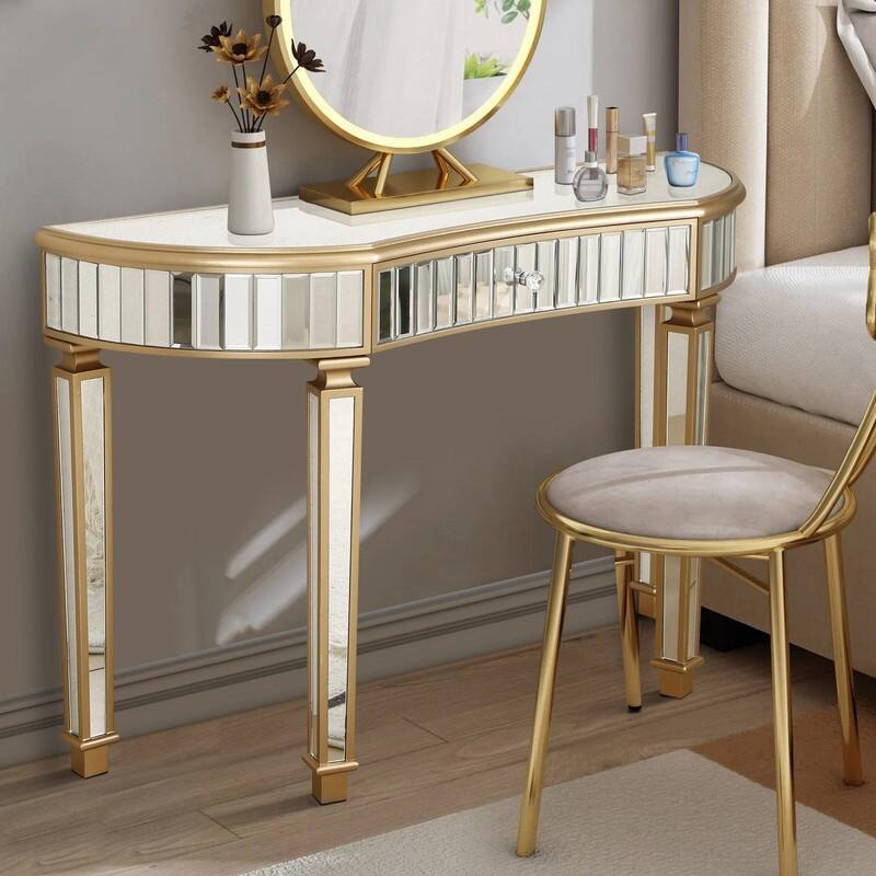 47" Half-Moon Mirrored Console Table with Fluted Glass and Storage Drawer for Stylish Entryway or Vanity