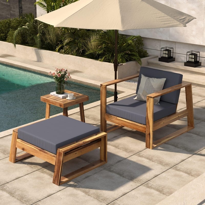 3-Piece Acacia Wood Outdoor Lounge Set with Chair and Ottoman for Patios Balconies and Gardens - Grey