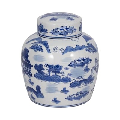 Sagebrook Home Stoneware Ceramic Chinoiserie Decorative Container with Lid