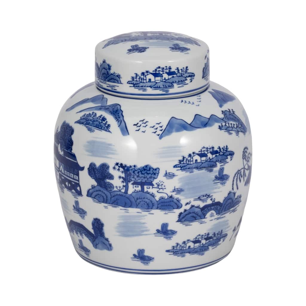 Sagebrook Home Stoneware Ceramic Chinoiserie Decorative Container with Lid