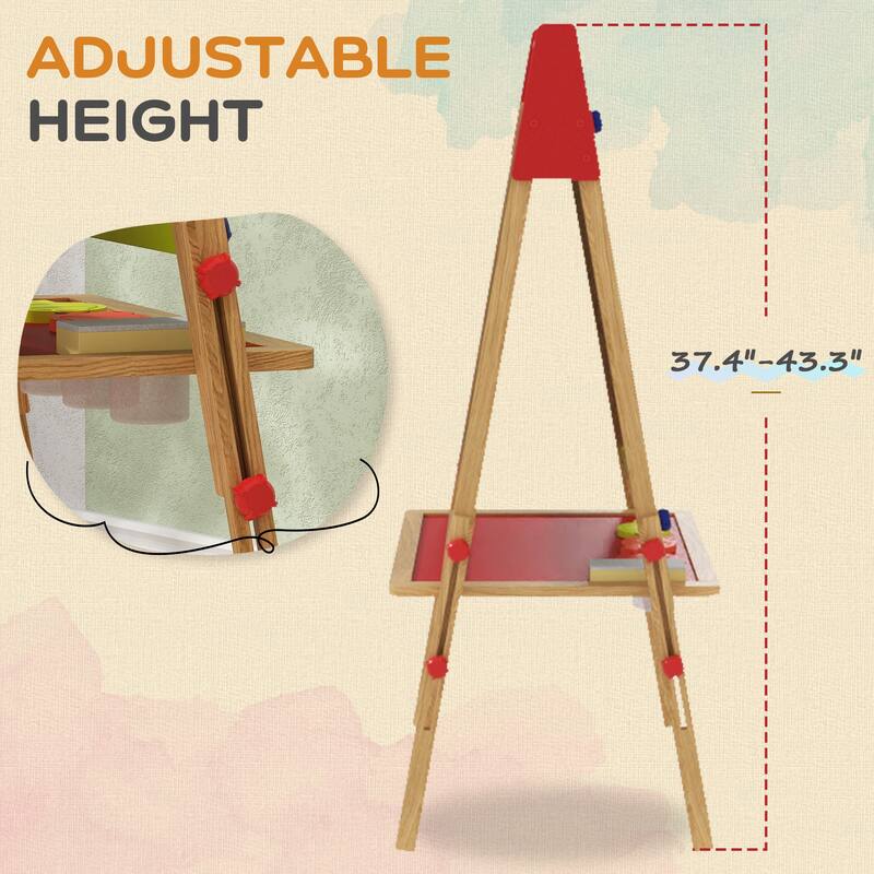 Adjustable Height Wooden Kids Art Easel with Whiteboard and Blackboard Paper Roll Storage Space - 24" W x 18.5" D x 44.5" H