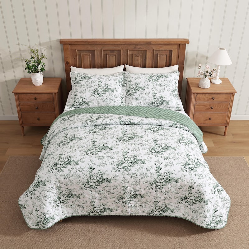 Laura Ashley Toile Delight Cotton Reversible Green Quilt Set