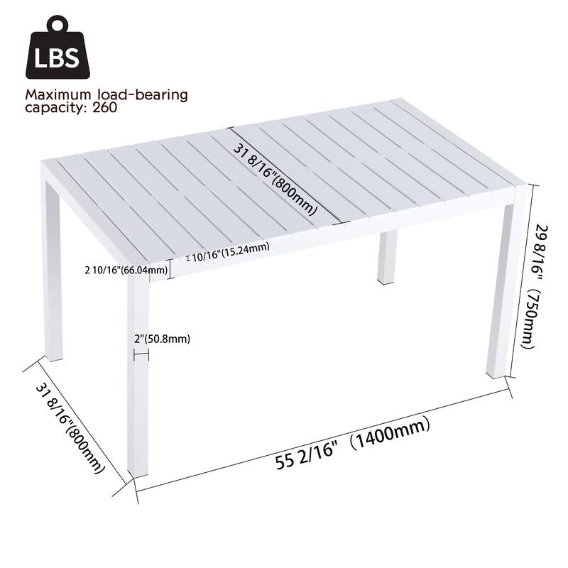 55 Inch White Modern Long Table - Indoor/Outdoor Multi-Purpose Dining Table, Patio Table, Garden Table