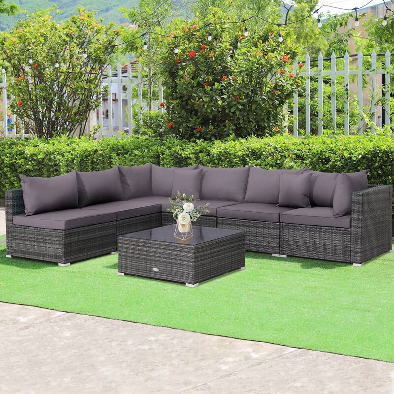 Patio Rattan Furniture Set Sectional Sofa Garden Cushion - 7 Pieces - Armless Sofa: 29" x 25.5" x 24"