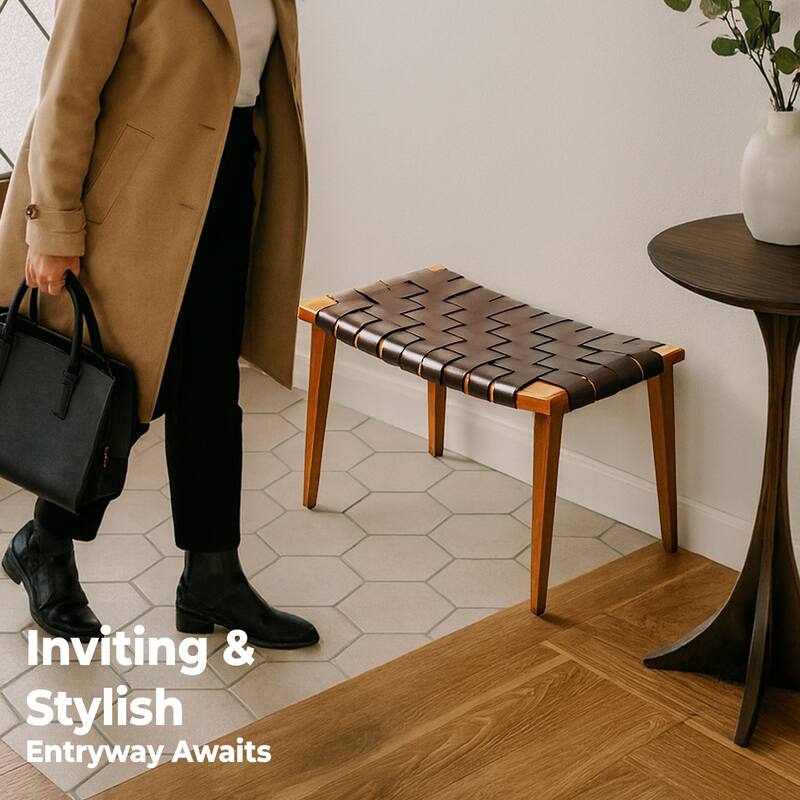 Aria Home Brown Rene Genuine Leather Stool Bench Modern Accent Seat