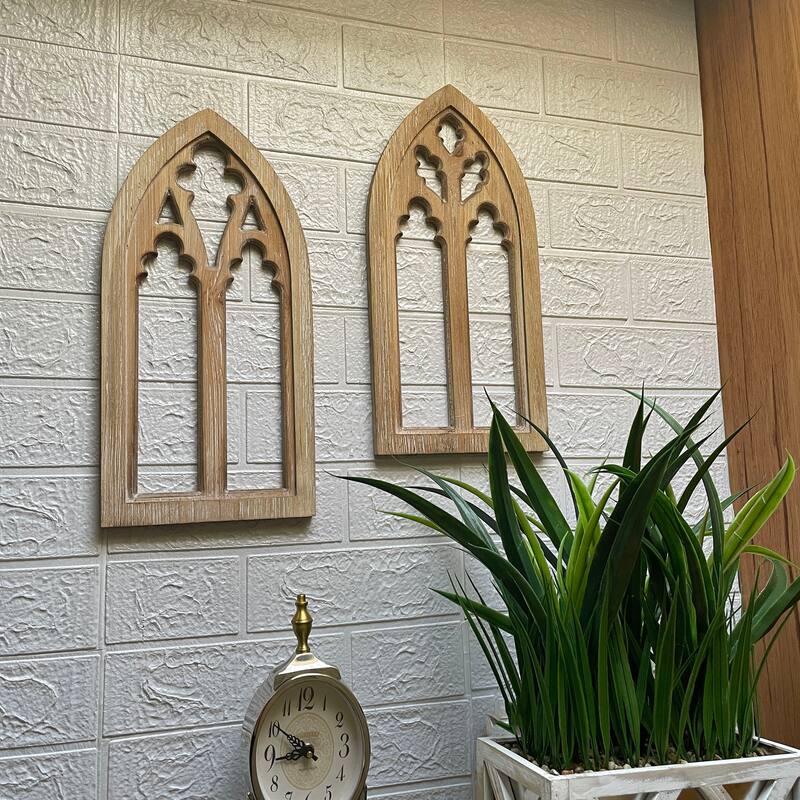 Washed Wood Gothic Arch Window Frame Wall Decor 2 Piece Set