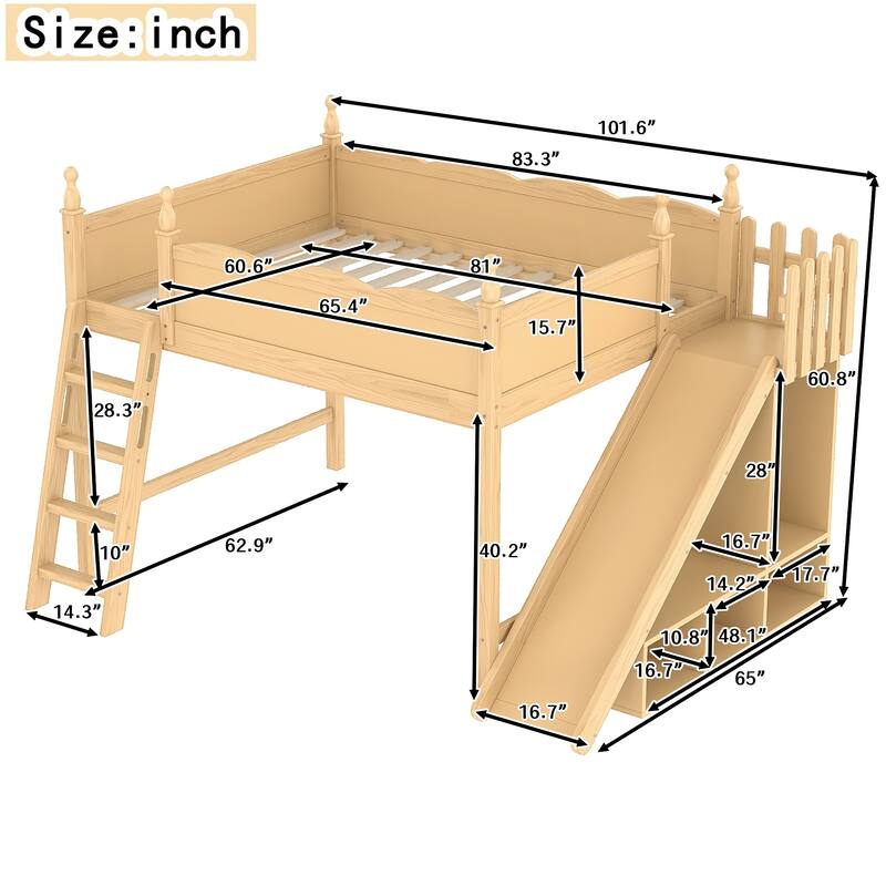 Queen Loft Bed with Storage Shelves and Wardrobe, Solid Wood Loft Beds with Detachable Slide and Ladders, No Spring Box Needed