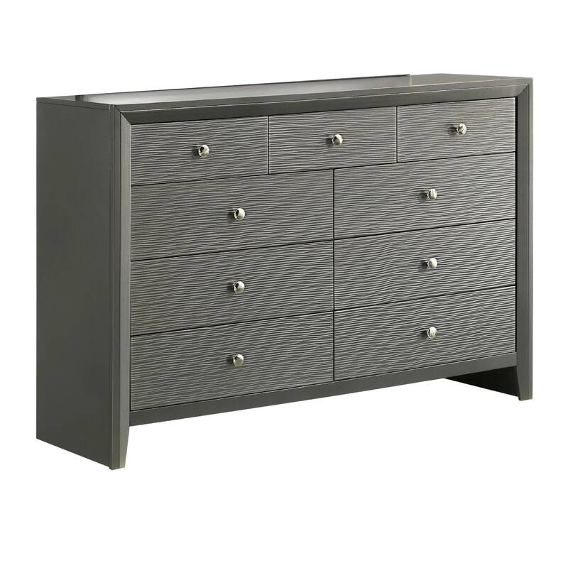 Deny 2pc Dresser and Mirror Set, 9 Drawers, Silver Knobs, Metallic Gray Wood