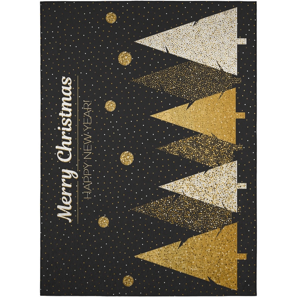 Indoor/ Outdoor Cozy Winter Black Washable Christmas New Year Rug
