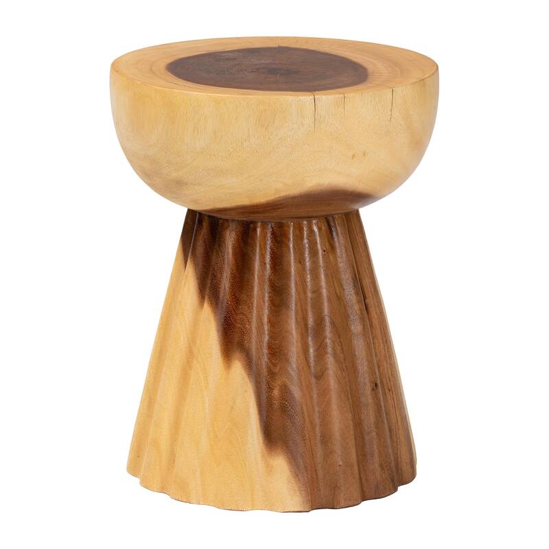 Alara Hand-carved Suar Wood Side Table - Sculptural Pedestal Table with Natural Grain, Boho Style for Living Room or Bedroom - Natural Brown