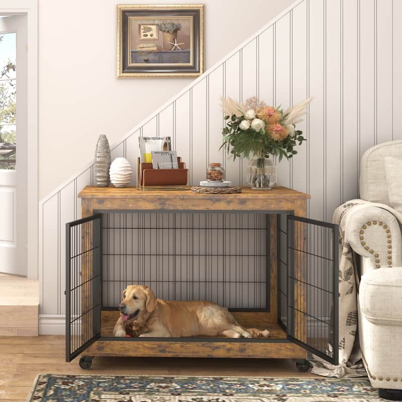 Wooden Dog Cage Crate Dog House with Double Doors on Casters