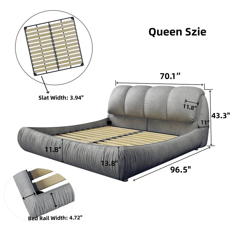 Queen Size Upholstered Platform Bed with Cushioned Headboard - Sturdy Solid Wood Frame.
