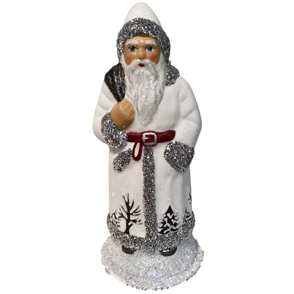 6" Paper Mache Santa In White Coat Silver Details Christmas Candy Container
