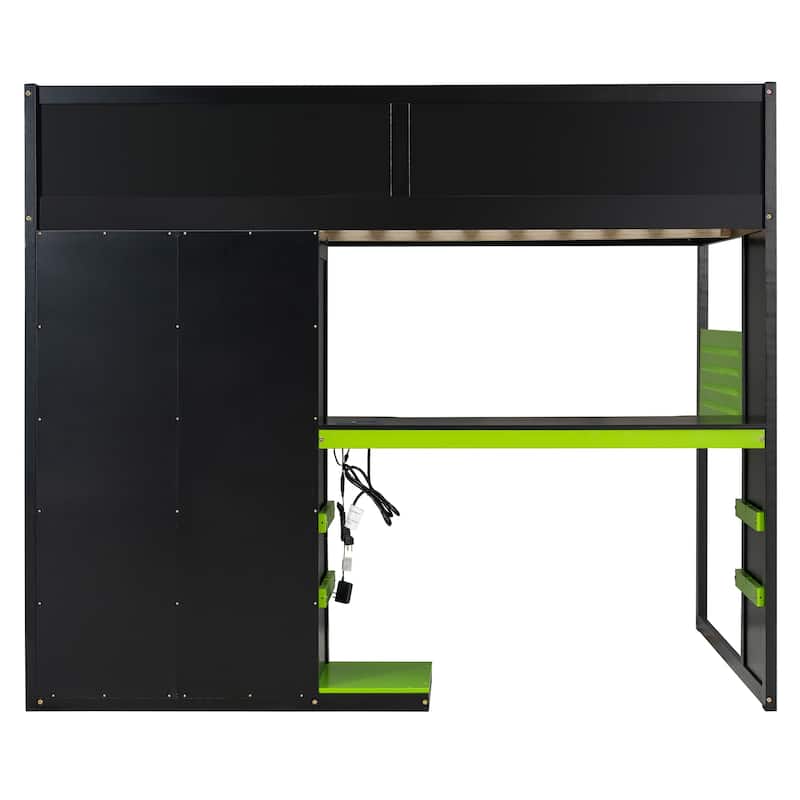 All-in-one Esports Gaming & Work Loft Bed with Adjustable Desk, LED, Charging Station, Pegboard, Storage Shelves and Wardrobe