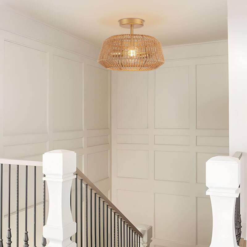 Starsky 2-Light Modern Bohemian Ceiling Light Drum Semi Flush Mount with Natural Handmade Rope Paper Shade