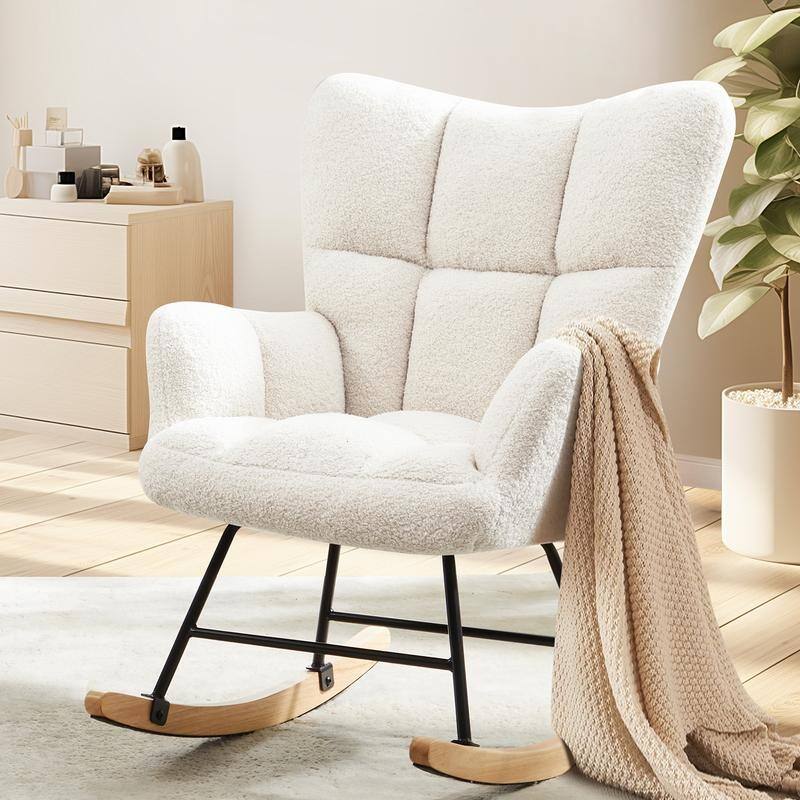 Rossetta Teddy Upholstered Thick Glider Accent Rocker with High Backrest and Sturdy Frame - Beige