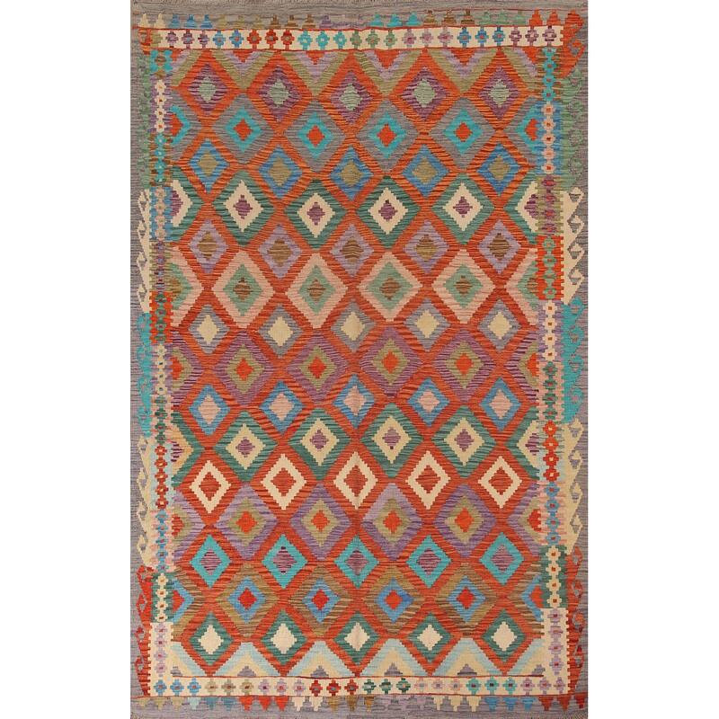Hand Woven Oriental 100% Wool Carpet Southwestern Geometric Oranges & Rust Kilim Area Rug - 9' 11'' X 6' 10''