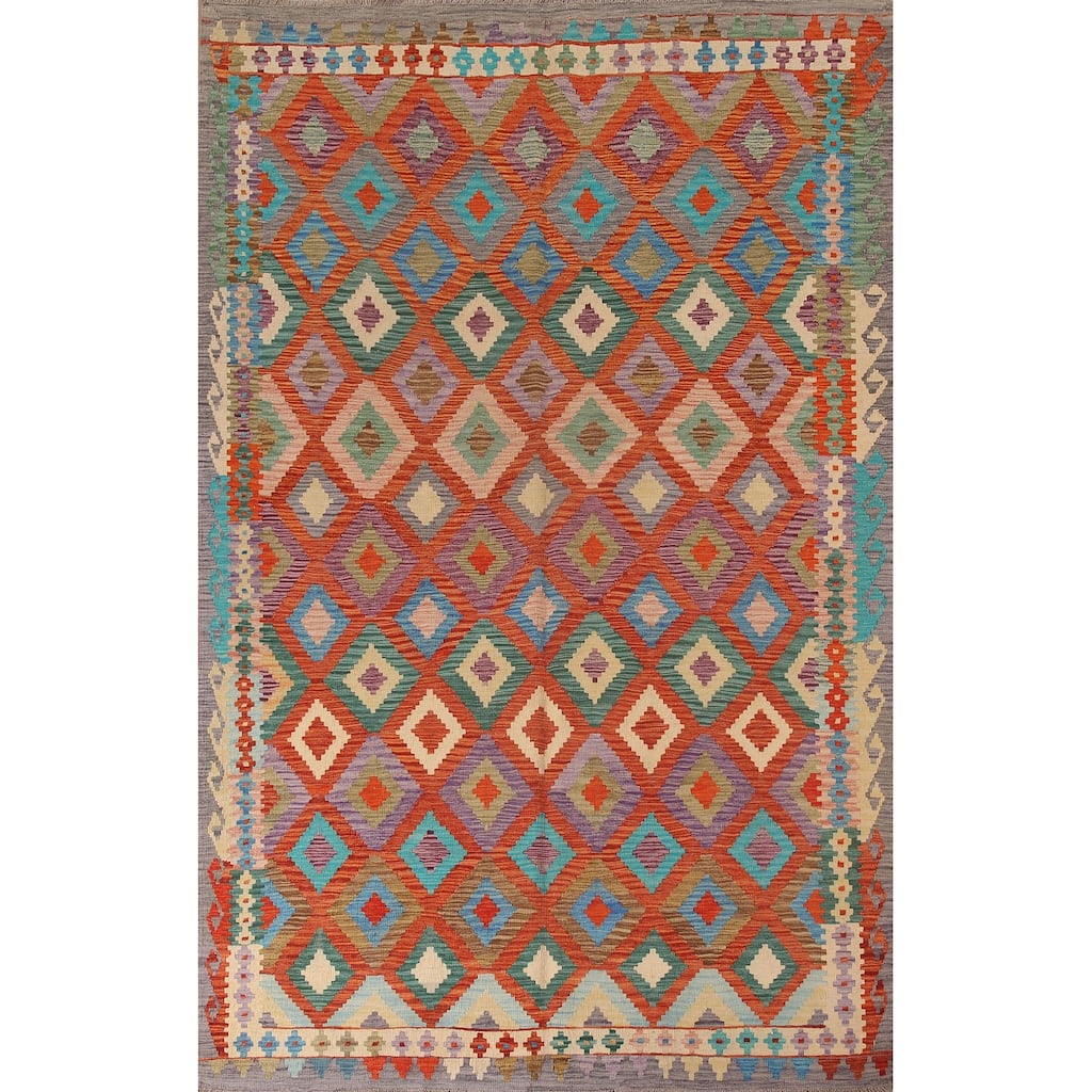 Hand Woven Oriental 100% Wool Carpet Southwestern Geometric Oranges & Rust Kilim Area Rug - 9' 11'' X 6' 10''