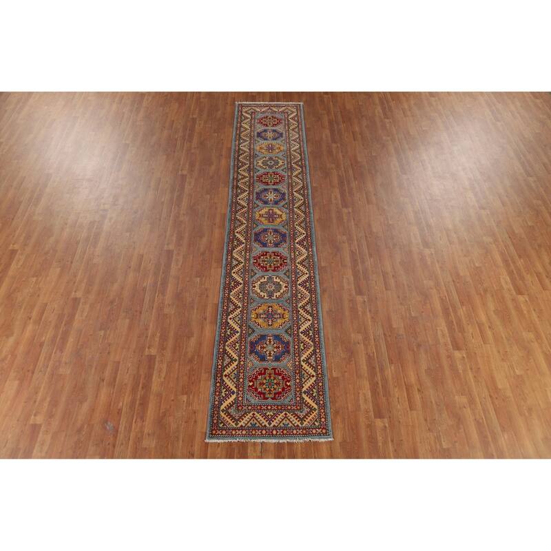 Light Blue Kazak Oriental Runner Rug Hand-Knotted Wool Carpet - 2'7" x 12'9"