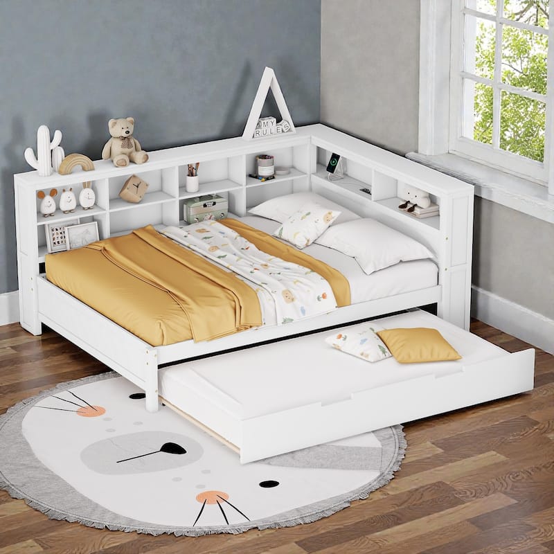 Twin/Full Wooden Daybed with Twin Trundle, Storage Shelf, USB Charging Ports, Slat Support, Space-Saving Design - White - Full