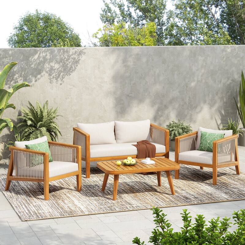 Christopher Knight Home - Outdoor Modern Solid Acacia Wood 4-Piece Conversation Set with Rope Accents and Cushions - Teak+Beige Cushion+Beige Rope