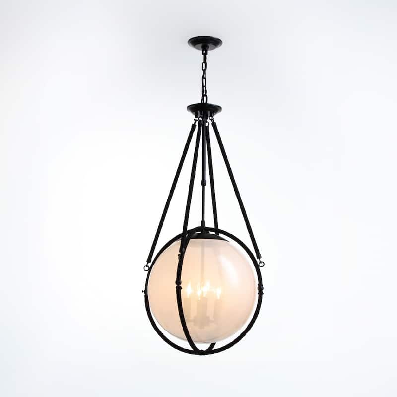 VidaLite Voyager 4-Light Matte Black Pendant, Hanging Pendant Light With Rope Detailing and Smoked Glass Shade - 38" x 18"
