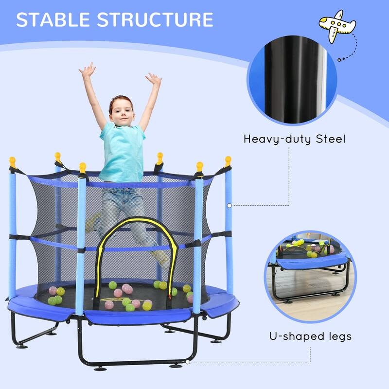 Qaba 4.6' Trampoline for Kids, 55 Inch Toddler Trampoline with Safety Enclosure & Ball Pit for Indoor or Outdoor Use
