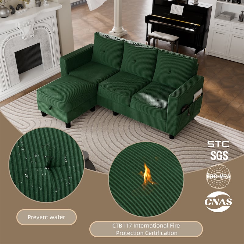 3-Seater Sectional Sofa with Movable Ottoman, Modern Living Room Couch