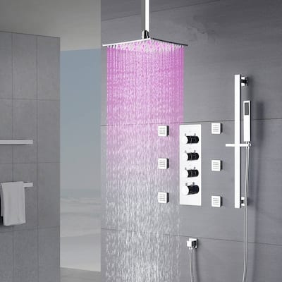 Chrome 12" LED Rainfall Shower X3 Thermostatic Faucet System w/ Slide Bar, 6 Jets
