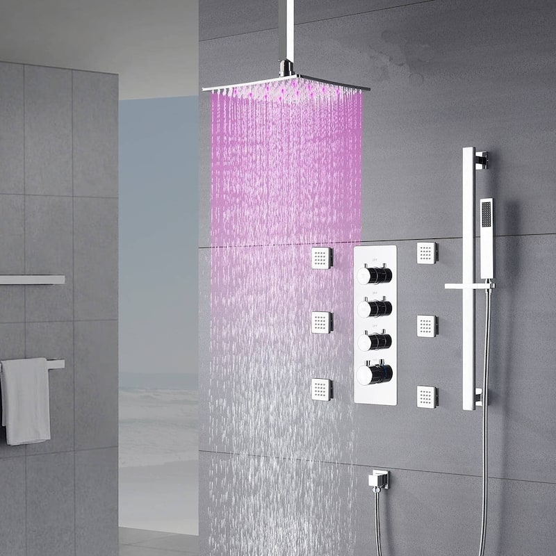 Chrome 16" LED Rainfall Shower X3 Thermostatic Faucet System w/ Slide Bar, 6 Jets